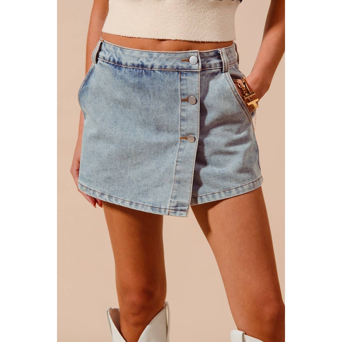 BUTTONED FRONT DENIM SKORTS WITH POCKETS