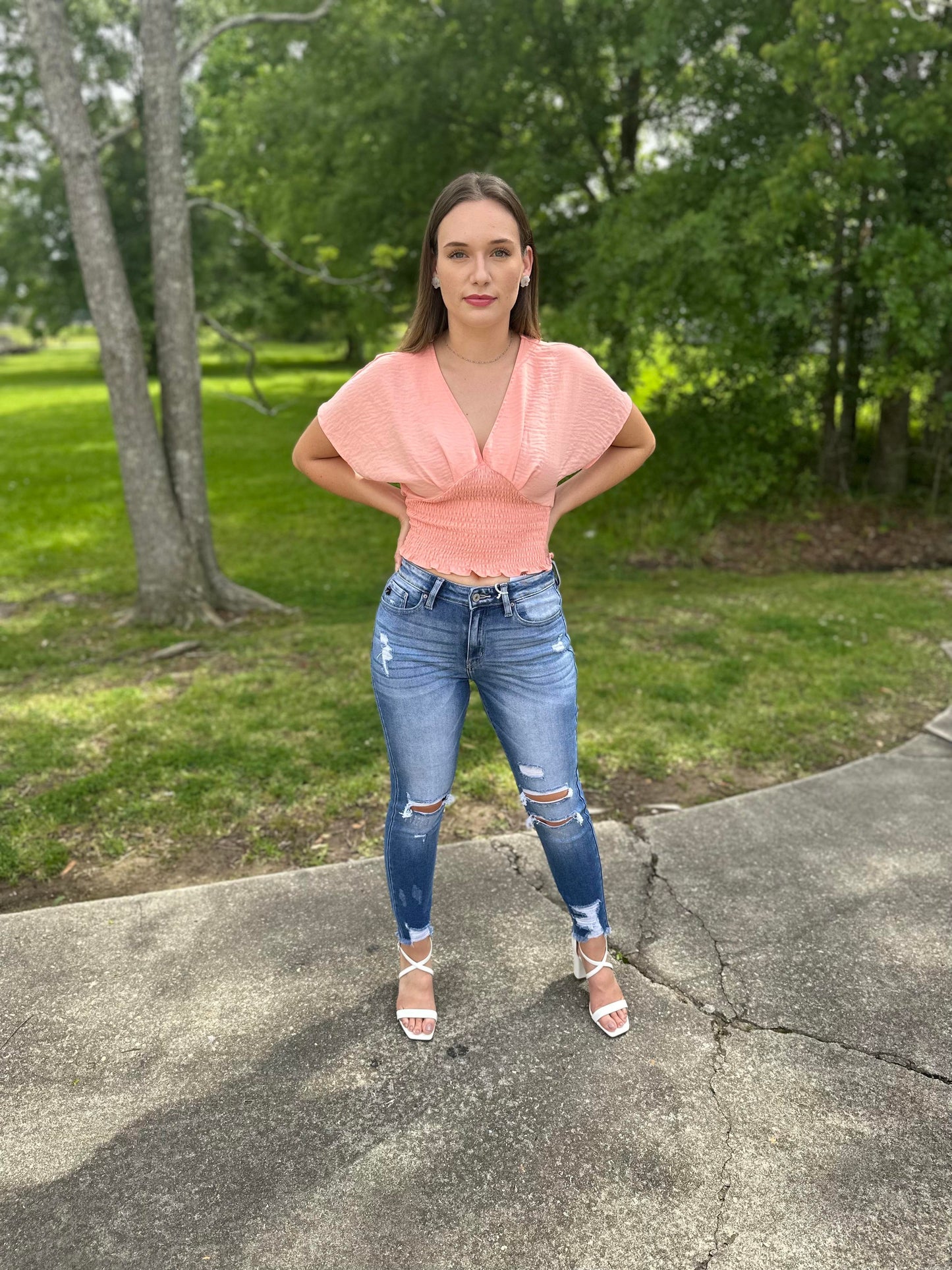 Drop V-neck Smocked Top